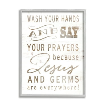 Stupell Industries White Wood Look Jesus And Germs Are Everywhere Wash Your Hands Sign, 24 x 30,Design by Cindy Jacobs
