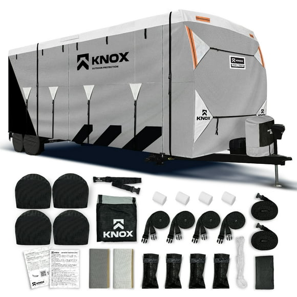 KNOX 3rd Gen Travel Trailer Cover, Anti-Tear 7 Layer APEX Fabric, Fits Motorhome RV Cover, Toy Hauler Cover, Camper Cover, Includes Ladder Cover, Tire Covers and Gutter Covers - Size 22-24 ft