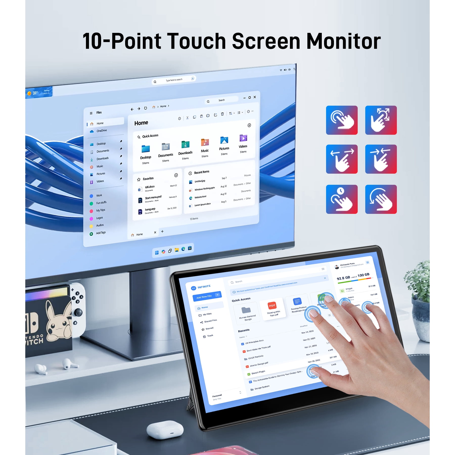 HOWENS 13.3-inch Portable Touchscreen Monitor with HDMI and VGA Ports, 1920×1080 FHD Portable Touch Screen Display Compatible with Laptops, PCs, PS5/4, Industrial Use, Small Screen Extender