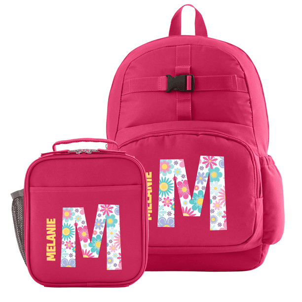 Online Personalized Pretty Pattern Pink Backpack + Lunchbox Set Flowers