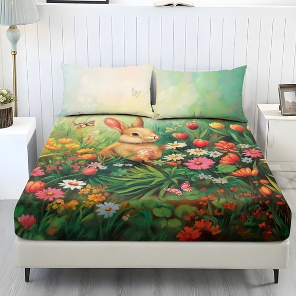 COEQINE Twin Size 3 Piece Sheet Set, Stay in Place Fade Stain Resistant Cooling Bed Sheets with All Around Elastic Cozy Bedsheet & Pillowcases, Easter Bunny Flower Green