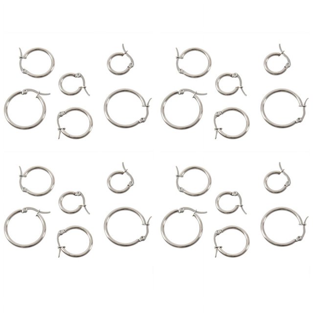 12 Pares 15mm 20mm 25mm Acero Inoxidable Hoop Pendientes Conjunto Mujer Plata