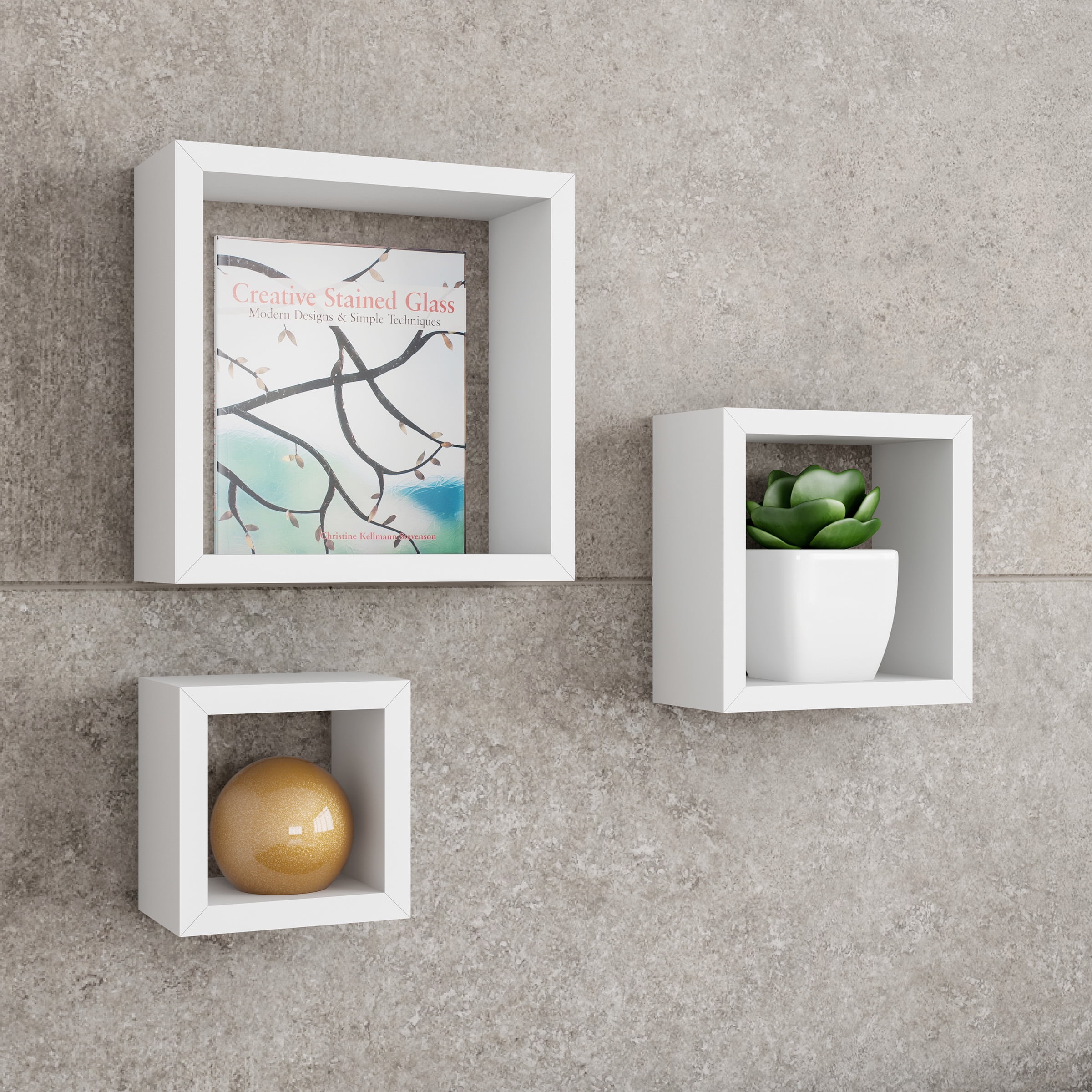Floating Shelves- Cube Wall Shelf Set with Hidden Brackets, 3 Sizes to Display Decor, Books, Photos, More- Hardware Included by Lavish Home (White)