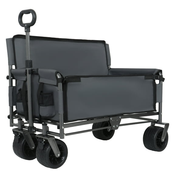 Folding Wagon Cart - 500lbs Heavy Duty, 180L, All-Terrain Wheels, Convertible Bench Seat - Camping, Beach, Garden, Gray