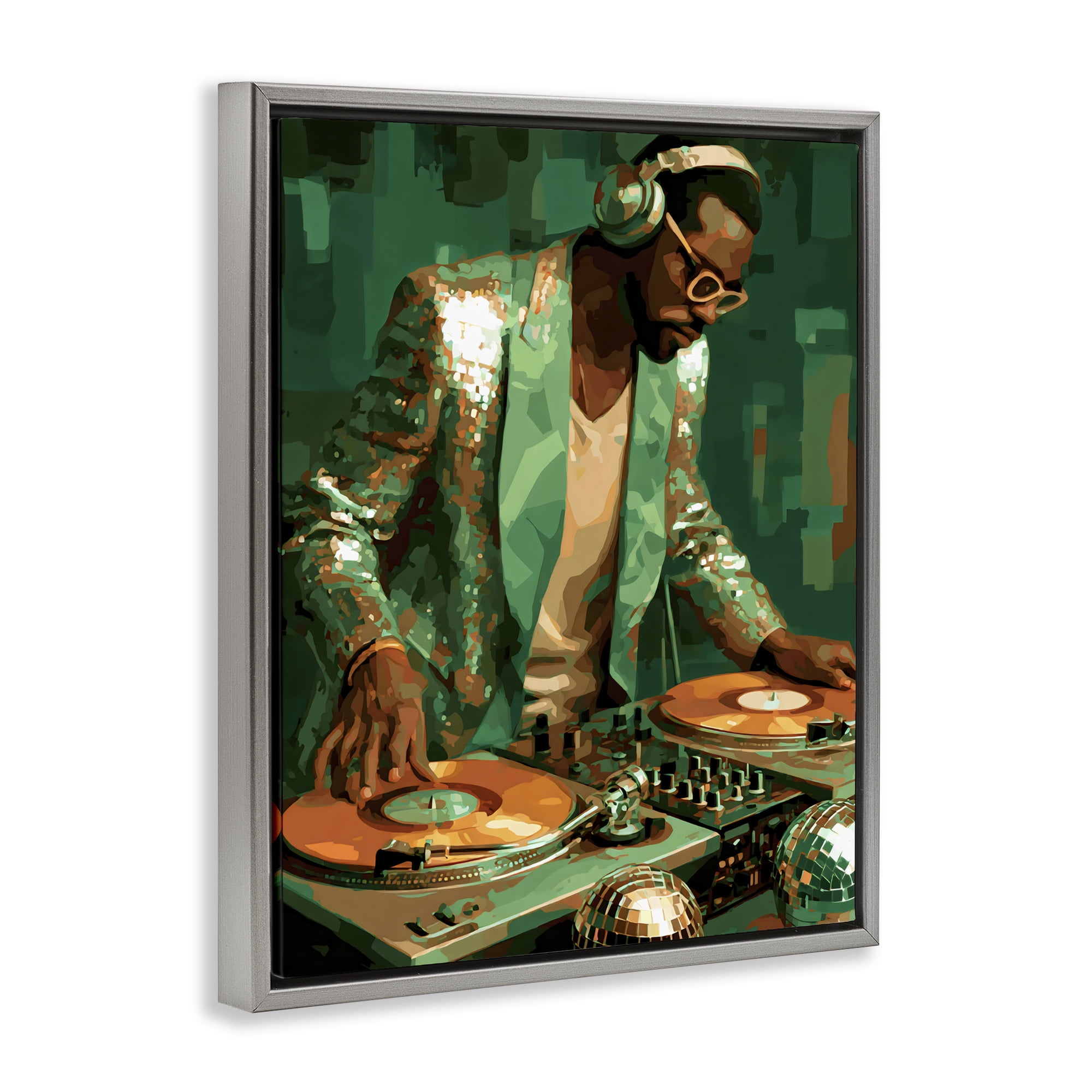 Stupell Industries Green Disco DJ Music Gray Framed Floater Canvas Wall Art, design by Franklyn Gregory