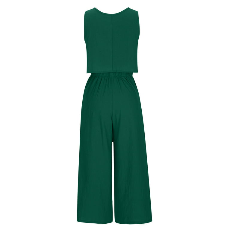 Womens Capri Pants Sets 2 Piece Outfits for Women Summer Casual Cotton  Linen Tank Tops with Wide Leg Capris Set (Medium, Green) 