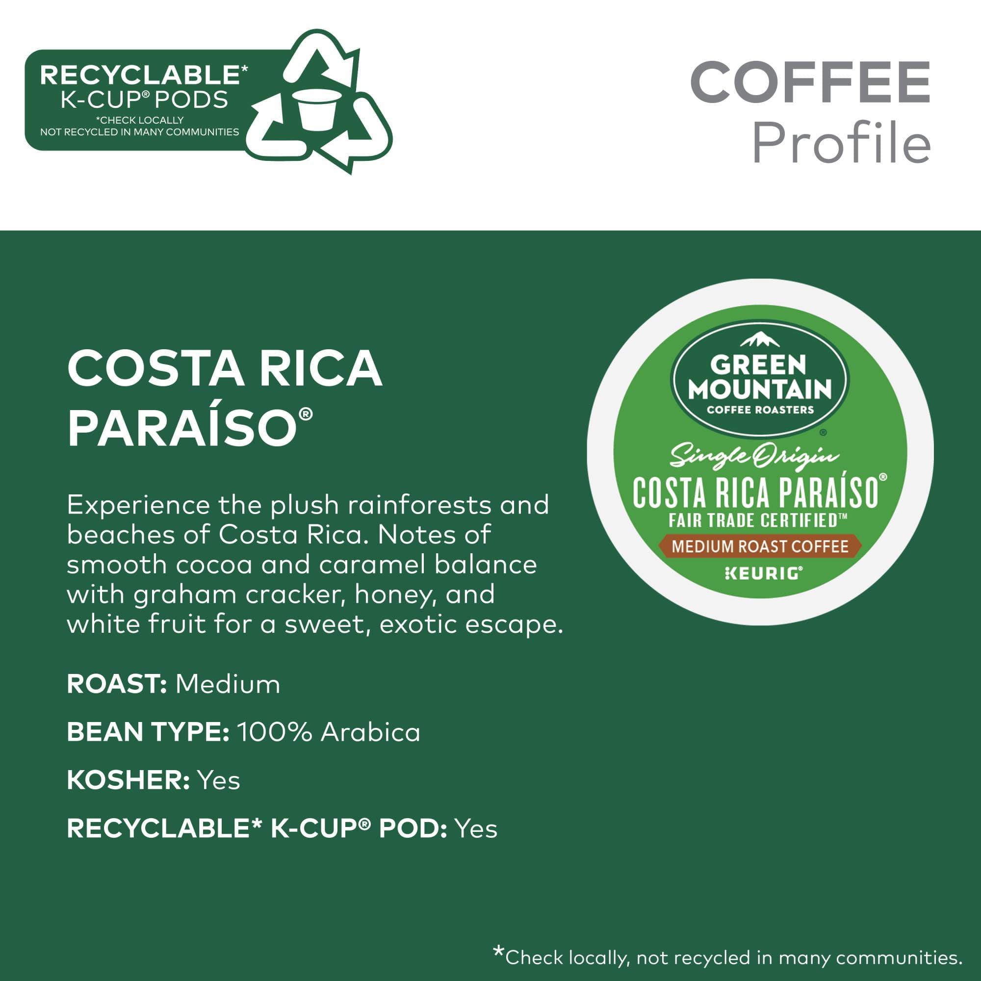 Green Mountain Coffee Roasters Costa Rica Paraiso, Keurig Single Serve K-Cup Pods, Medium Roast Coffee, 60 Count, (6 Packs Of 10).