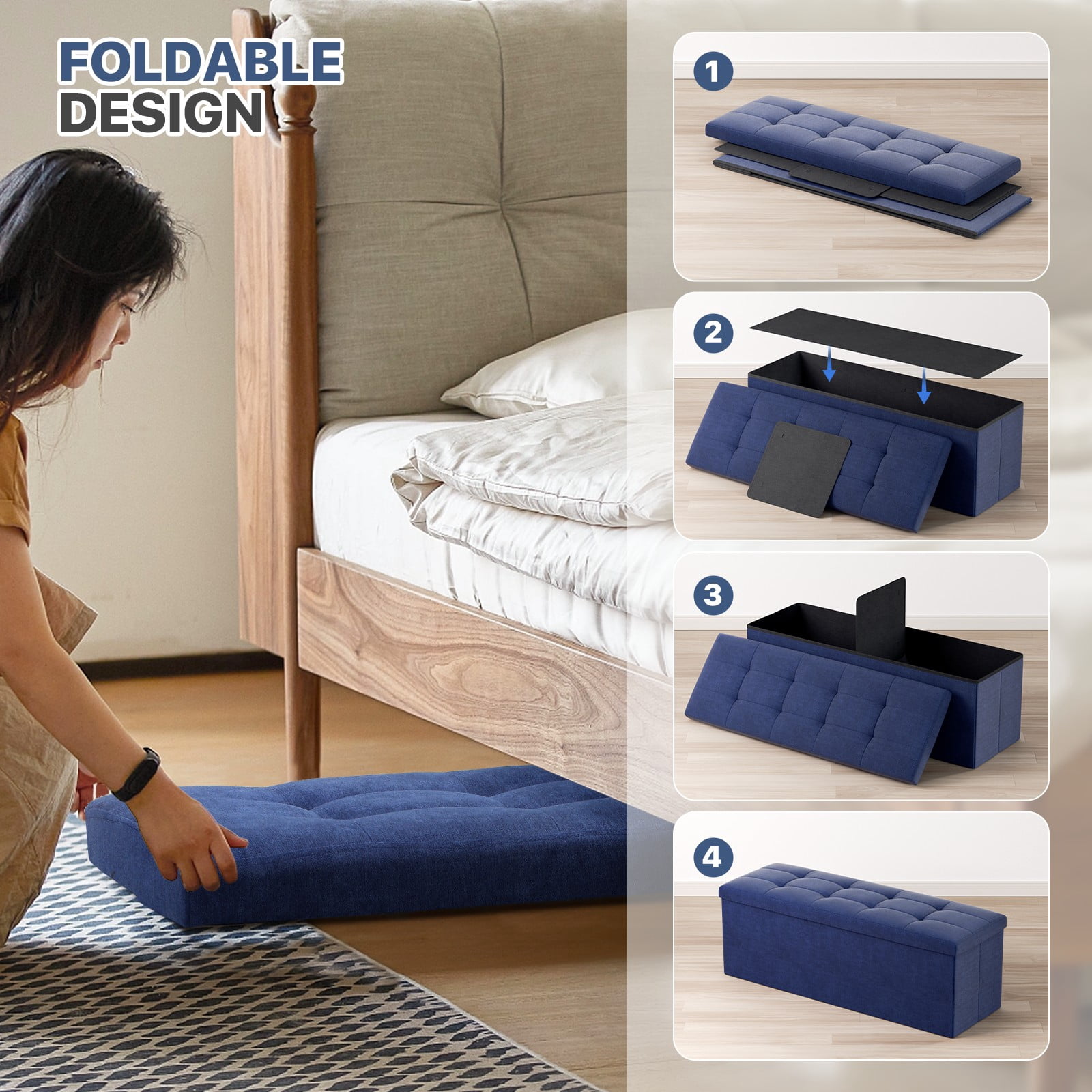 MoNiBloom 43" Collapsible Ottoman with Storage, Cotton-linen Storage Ottoman Bench, Modern Storage Footstool for Living Room Bedroom Entryway, Navy Blue