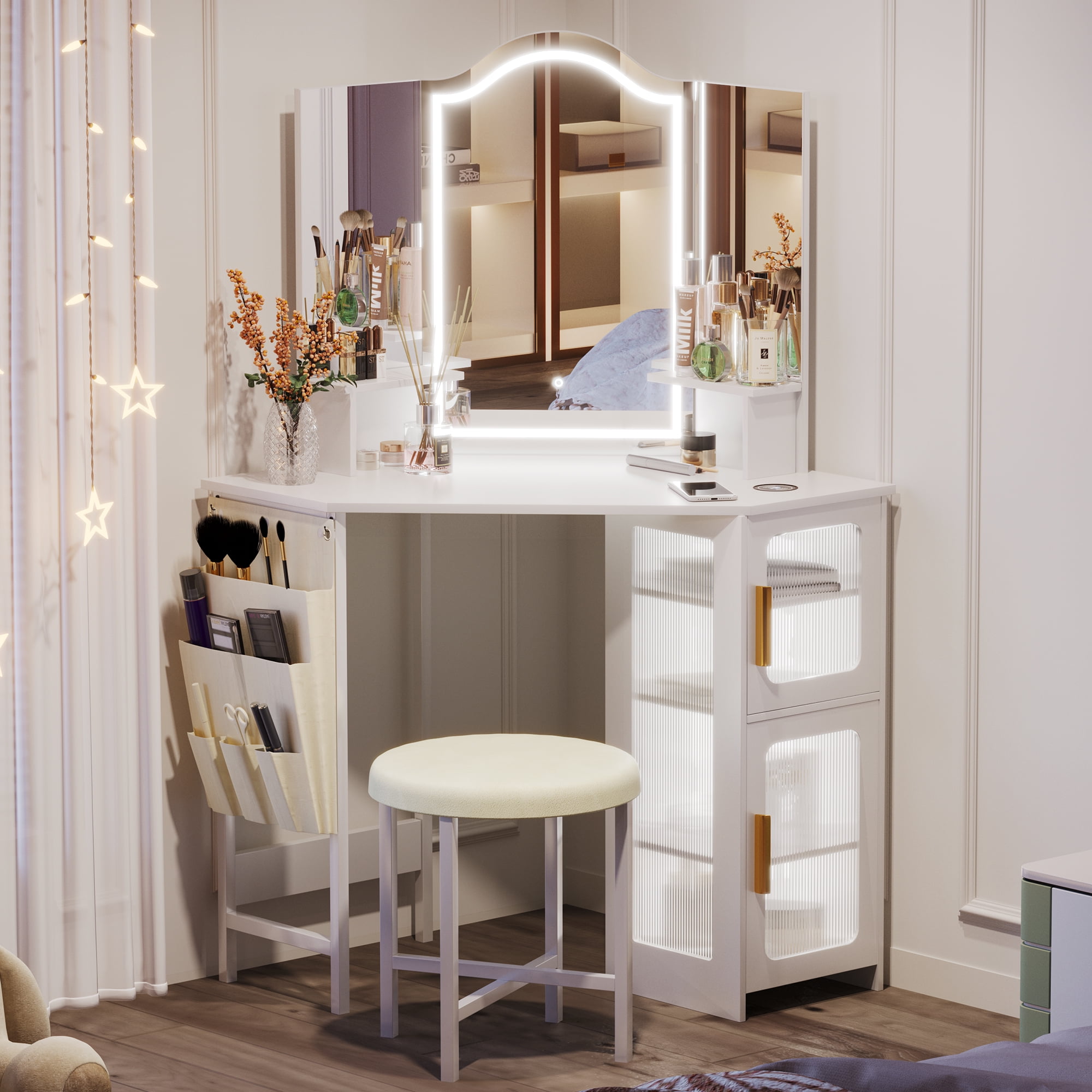 LVSOMT Makeup Vanity Desk with 3 Lighting Options, Dressing Table with Charging Station, Vanity Set with 4 Cabinets, Shelves and Stool, Corner Vanity for Women Girls, White