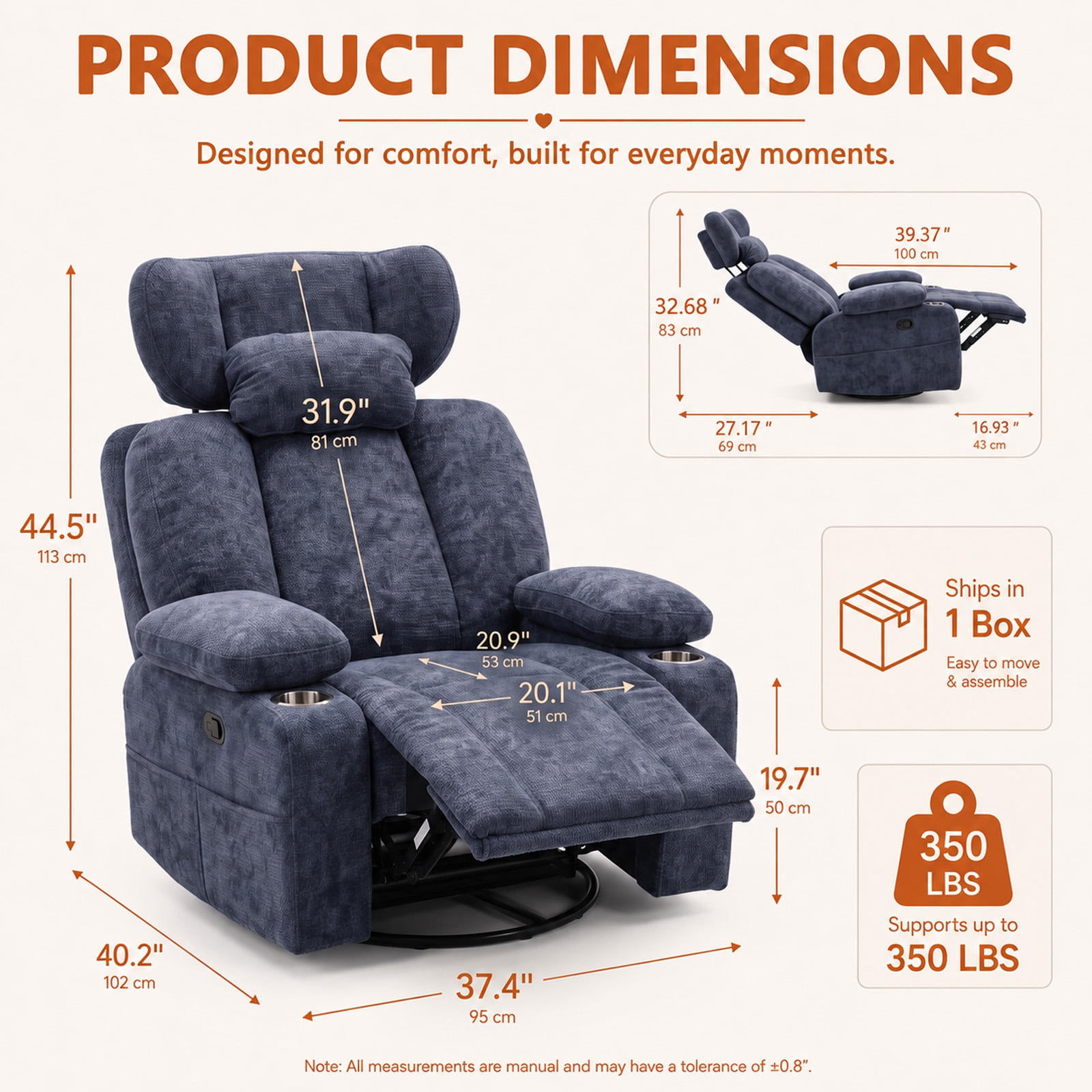 Leumius 360° Swivel Recliner Chair, Single Recliner with Adjustable Detachable Neck Pillow Ergonomic and Cup Holders, 300lbs Capacity Versatile Lounge Chair for Living Room Bedroom Home Theater