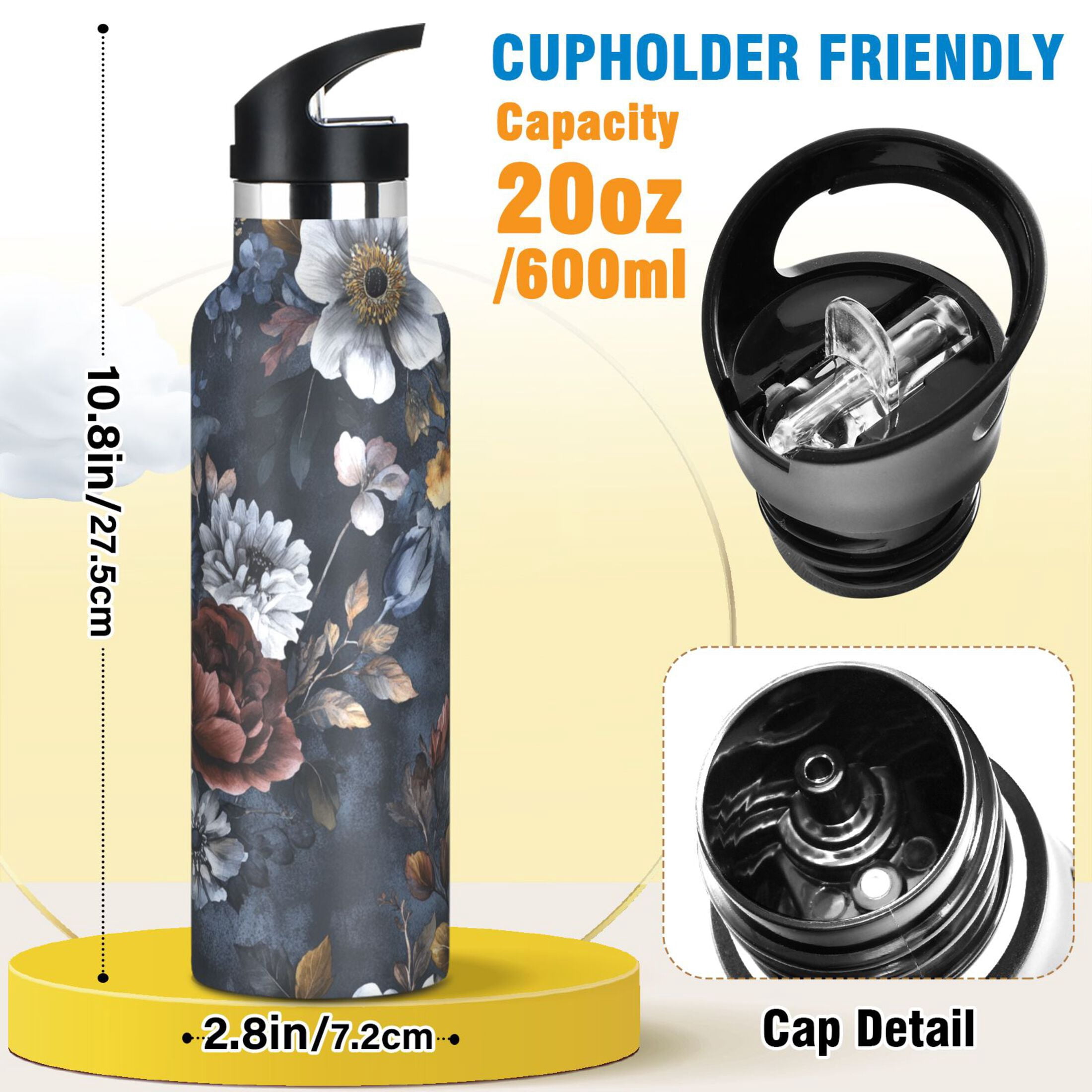Kids Insulated Stainless Steel Sports Water Bottle 600ml (20oz) Blue Peonies