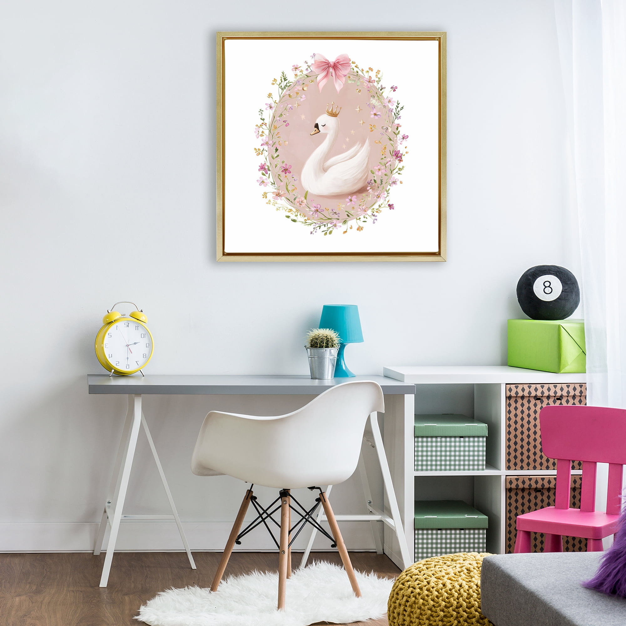 Stupell Industries Queen Swan with Florals Gold Framed Floater Canvas Wall Art, design by Christine Simpson Art