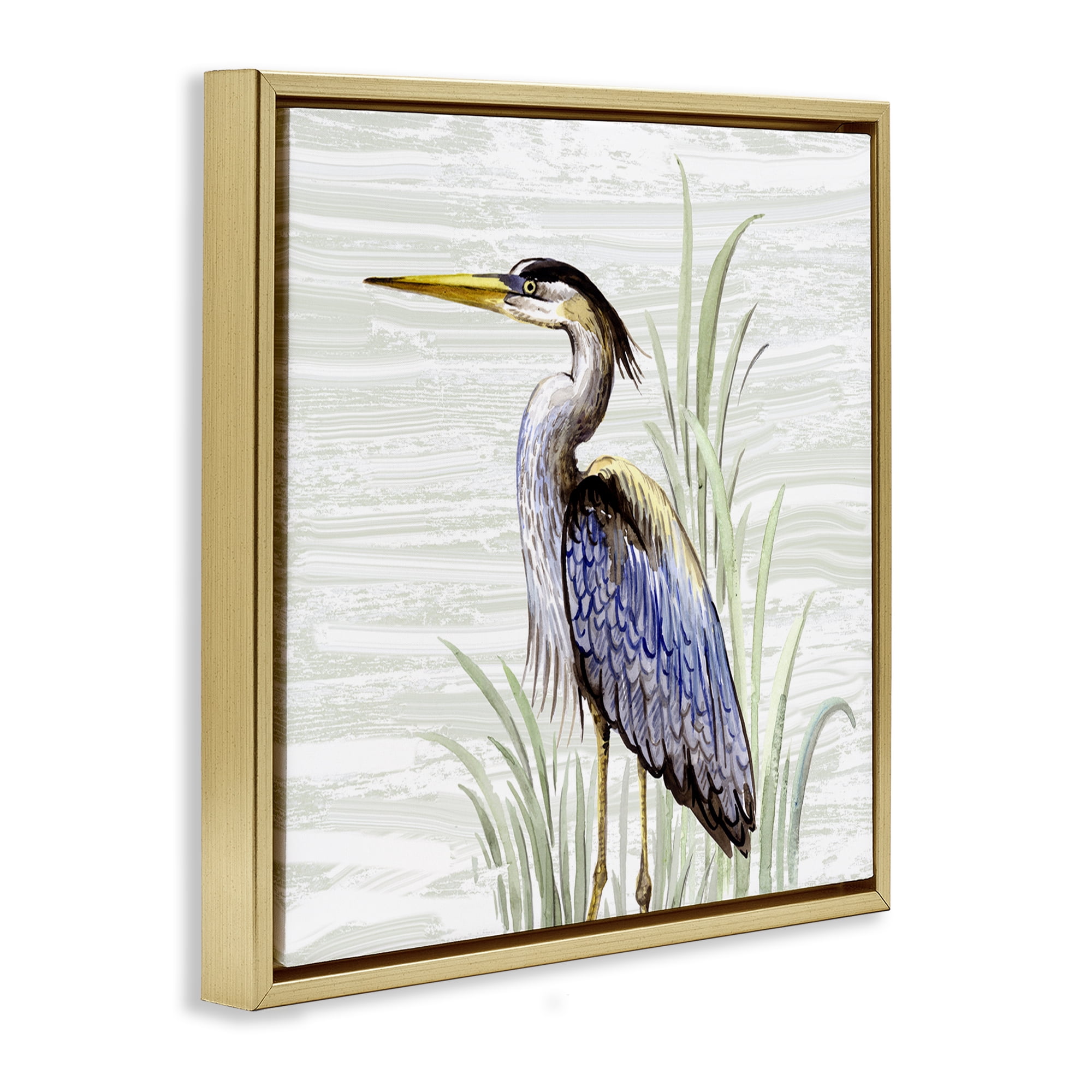 Stupell Industries Beach Bird Simple Heron Animals Painting Gold Floater Framed Canvas Art Print Wall Art, 18 x 18