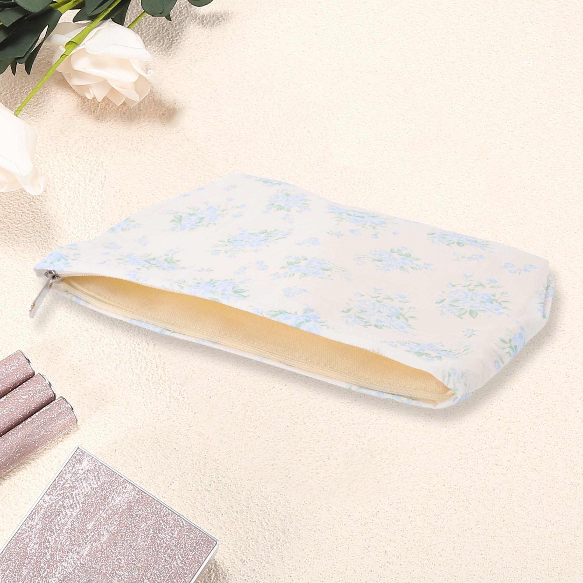Unique Bargains 1Pc Women Portable Cotton Floral Clutch Storage Makeup Bag Light Blue