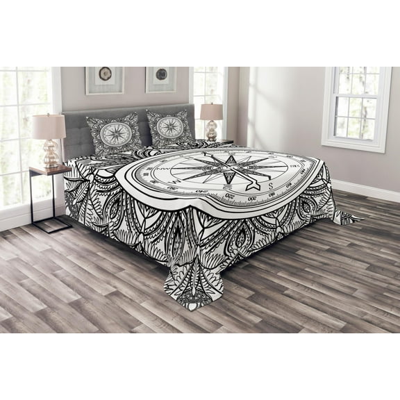 Ambesonne Vintage Quilted Bedspread Set 3 Pcs, Ornate Floral Wind Rose, King Size, Black White