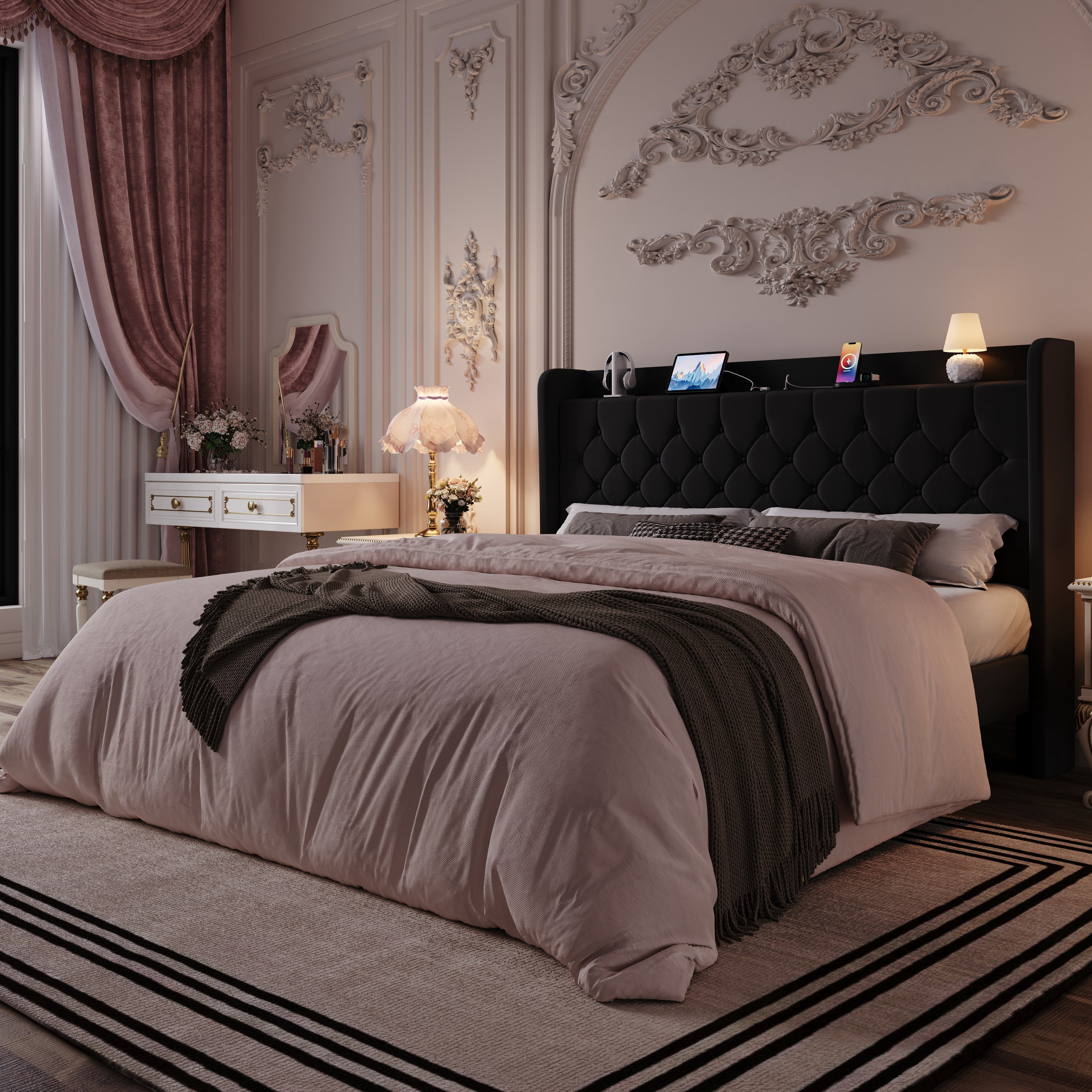 Einfach King Bed Frame, Upholstered Platform Bed with Storage Wingback Headboard and Fast Charging Hub, No Box Spring Required, Black