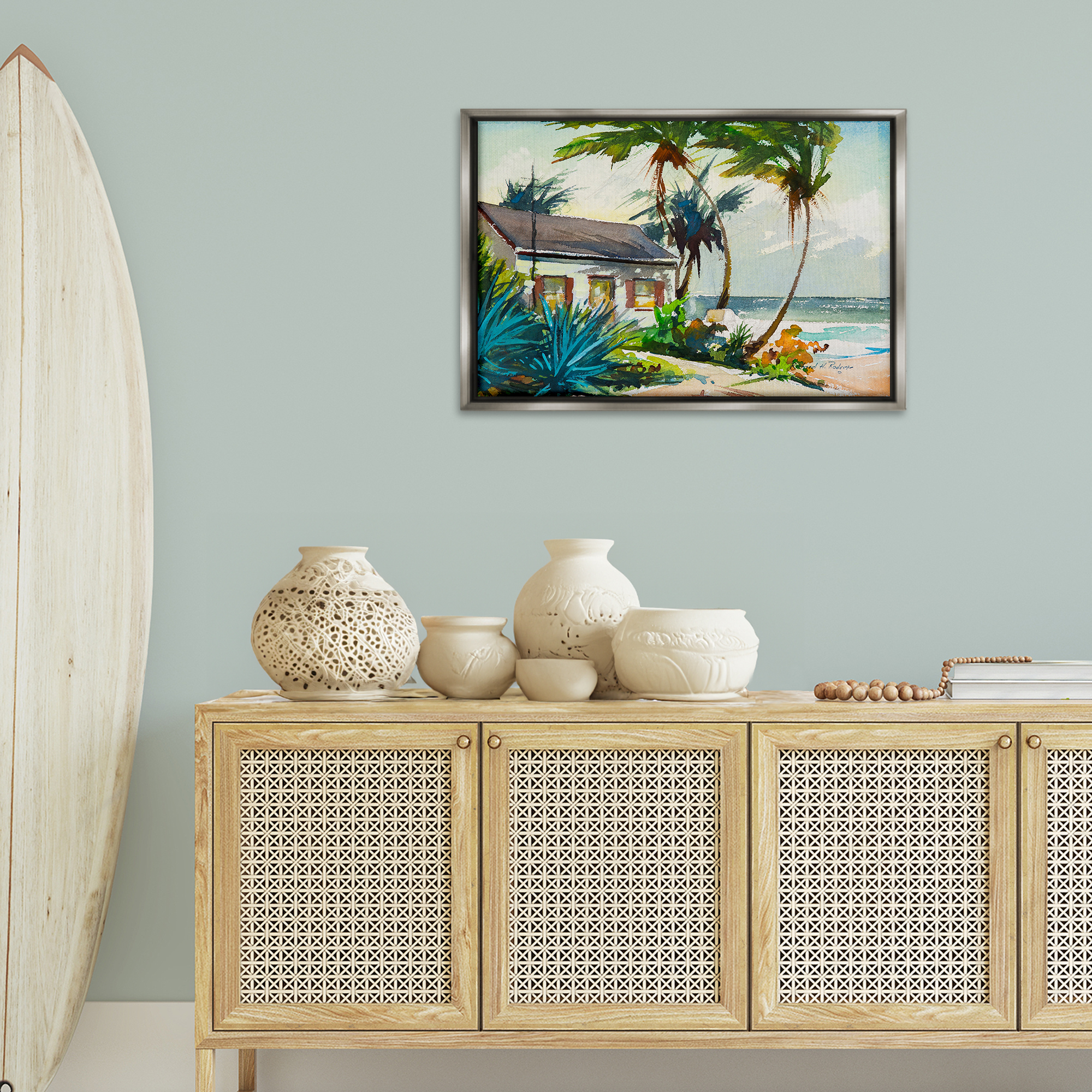 Stupell Industries Windswept Palms Cottage Landscape & Nature Painting Gray Floater Framed Canvas Art Print Wall Art, 31 x 21