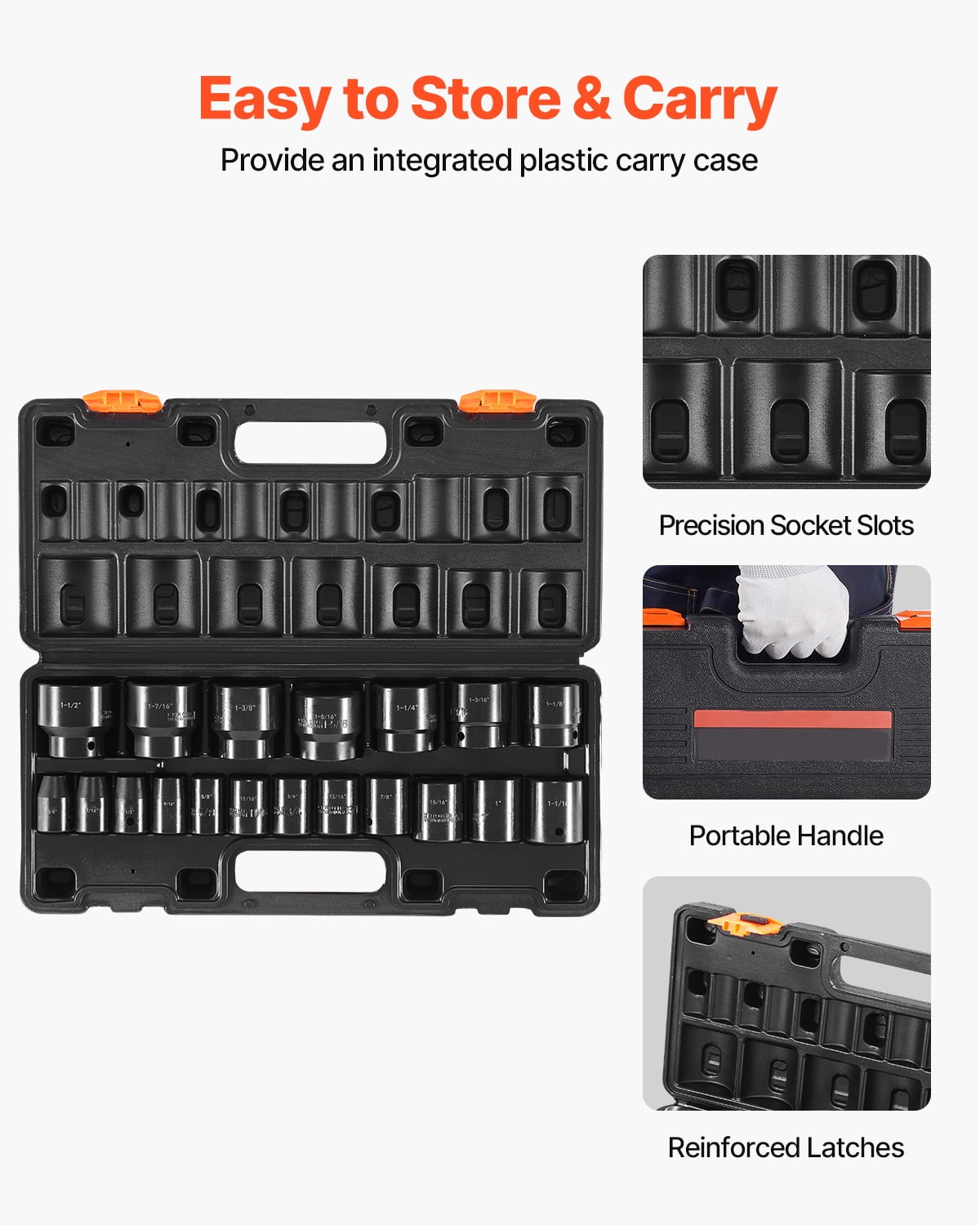 KFFKFF 19-Piece 1/2-Inch Drive Impact Socket Set, SAE Sizes from 3/8 to 1-1/2 Inches, 6-Point Hex Design for Standard Applications