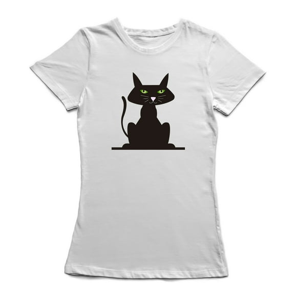 Chat Noir Mignon avec des Yeux Verts T-shirt Blanc Graphique devant Moyen Femmes