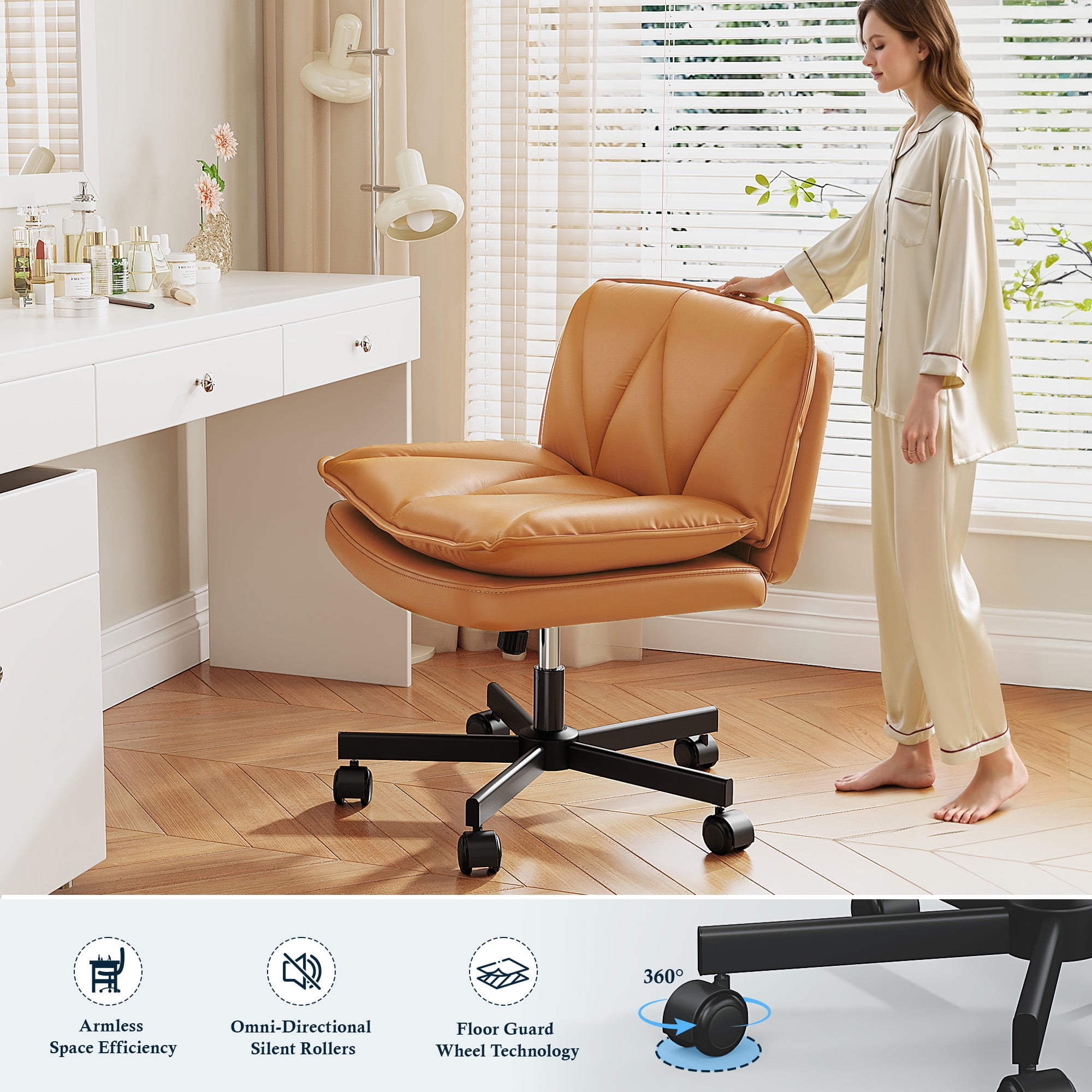 Romorgniz 27" W Chair Criss Cross Legged Office Chair Armless Adjustable Desk Chair with Wheels, Wide Seat, and 2-Layer Cushion, Orange