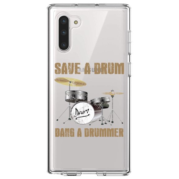 DistinctInk Clear Shockproof Hybrid Case for Samsung Galaxy Note 10 (6.3" Screen) - TPU Bumper Acrylic Back Tempered Glass Screen Protector - Save a Drum, Bang a Drummer