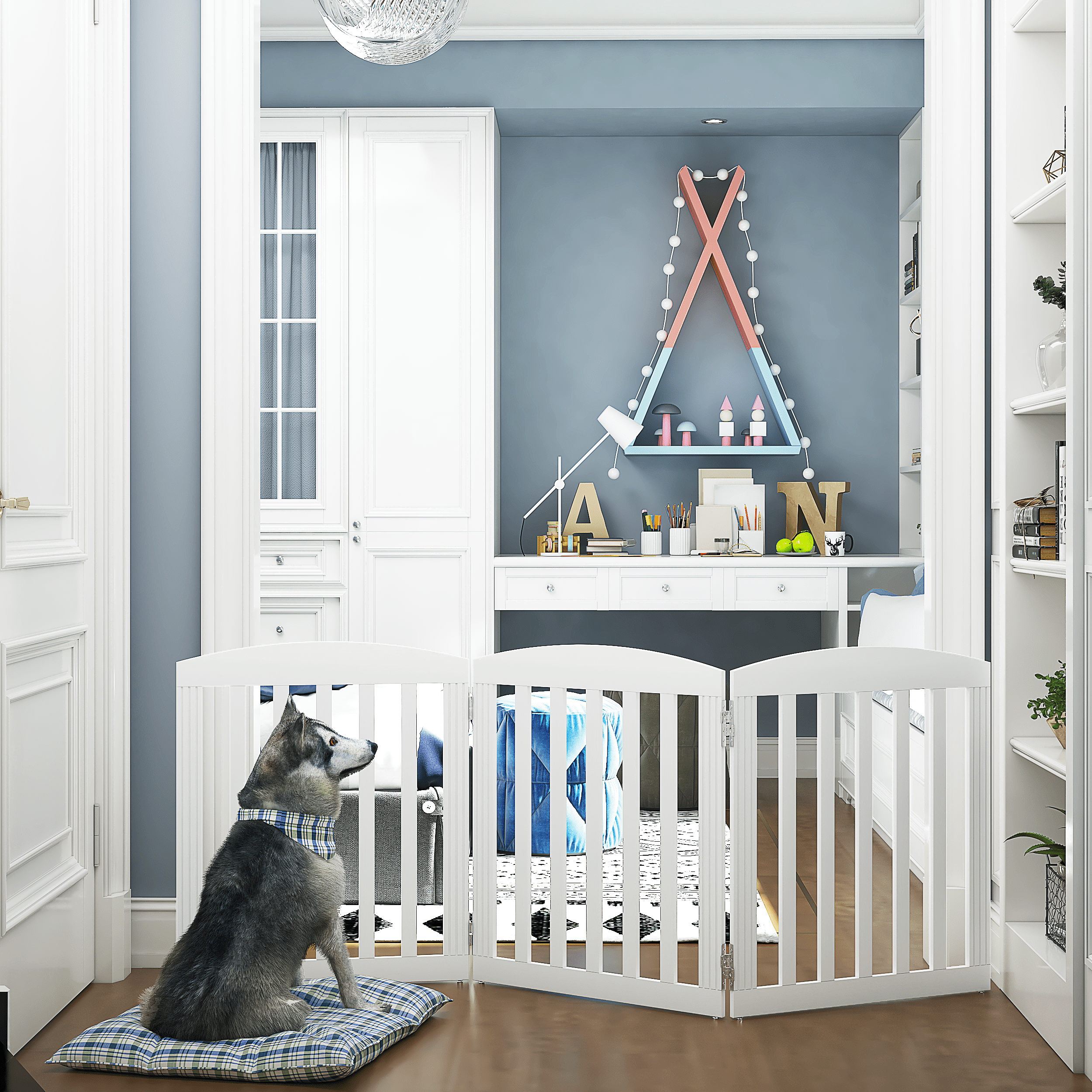STAROUS Foldable Dog Gate, Dog Gates for Doorways, Stairs, The House, Wooden Freestanding Pet Gate Indoor, Step Over Puppy Gate, 3 Panels, White