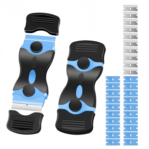 2 Pack Double-Edged Razor Blade Scraper Set with 10 Metal & 20 Plastic Blades, Handheld Cleaning Scraper Tool Kit for Cleaning, Paint & Sticker Removal from Glass, Stovetops, Cars & Windows (Blue)
