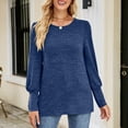 thumbnail image 3 of Jersey de manga larga para mujer, Top con cuello redondo y puños con botones, blusa holgada y cómoda para mujer, Top azul M, 3 of 7
