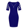 thumbnail image 4 of Moda mujer verano cremallera Sexy cuello en V diamantes sólidos manga corta ahueca hacia fuera Mini vestido Fridja  qw6006, 4 of 5