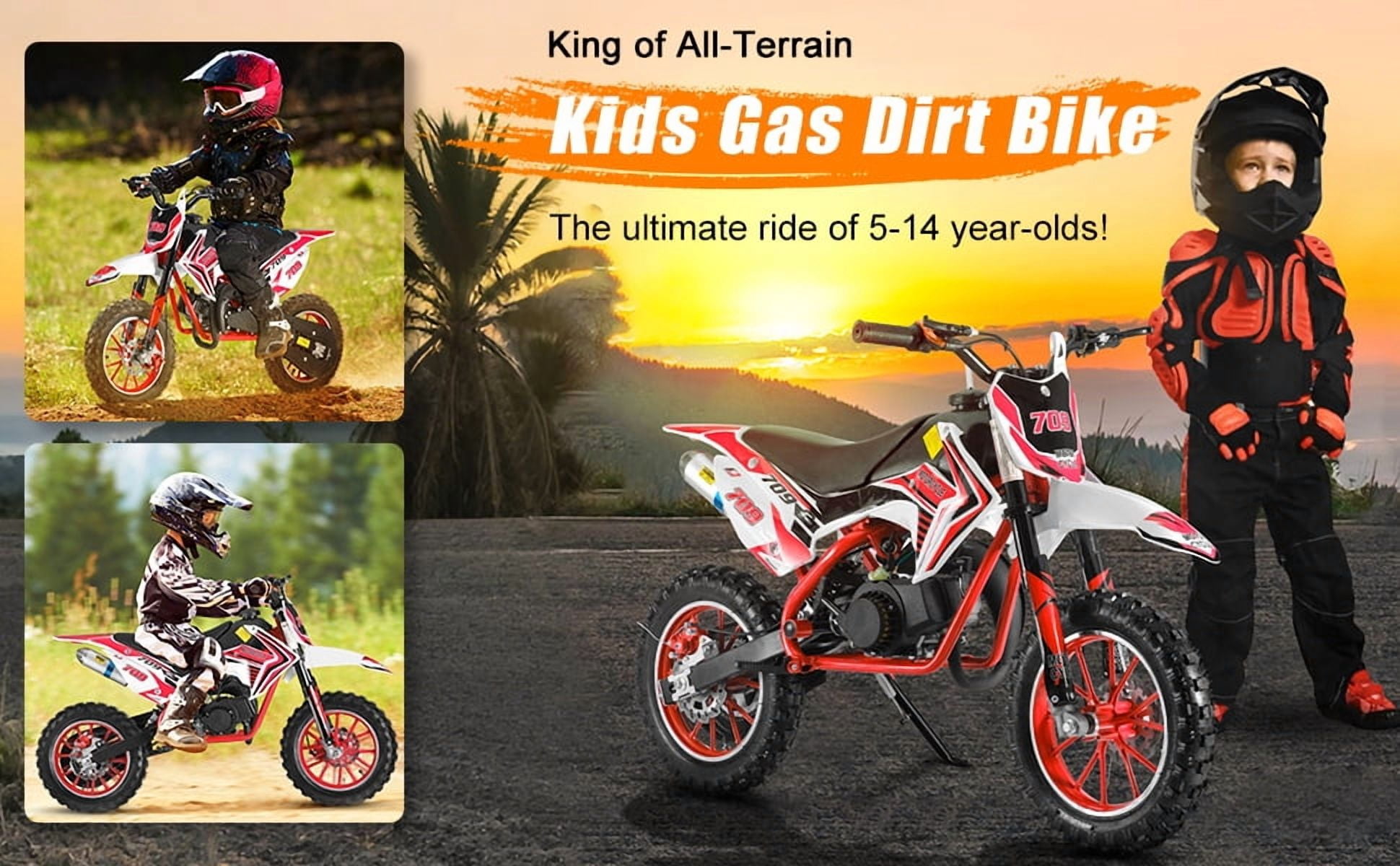Korogimeeet 49cc 2-Stroke Red Mini Motocross, Gas Powered Off-Road Bike, 10 Inch Anti-Slip Tires, Front Rear Disc Brakes, 30KM/H Max Speed, 1.8L Fuel Tank, 150kg Load, 47 x 28 x 26 Inch