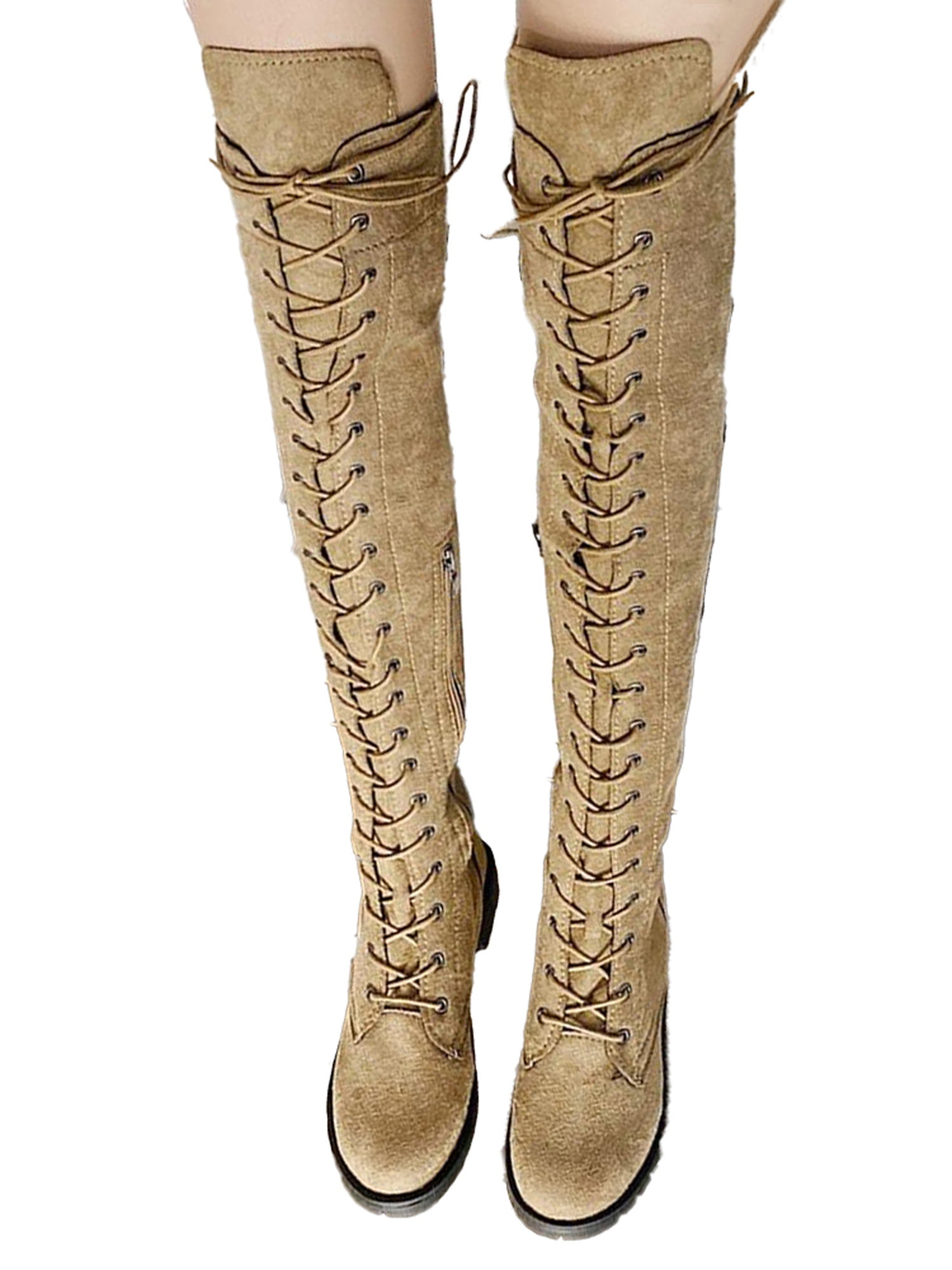 New Womens Military Combat Fashion Boots Lace Up Knee High Low Flat Heel boot 
