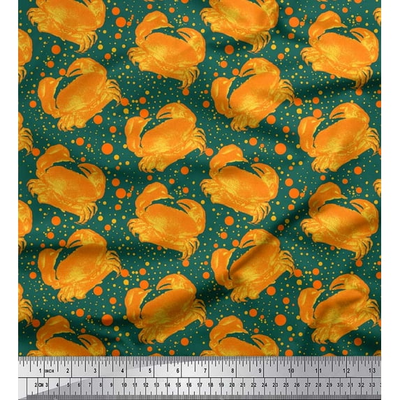 Soimoi Polyester Crepe Fabric Dots & Crab Ocean Print Sewing Fabric Yard 52 Inch Wide