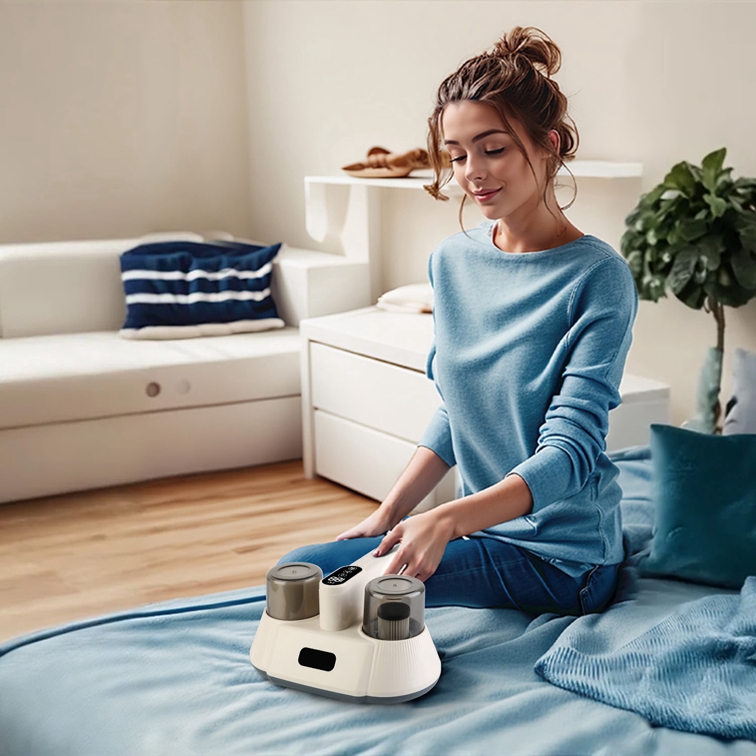 72000 Times/Min Tapping Mattress Vacuum Cleaner with UV-C Sanitizing Light, 9000PA & 15000PA Dual Suction Cordless Dust Mite Remover with Double Dust Cup