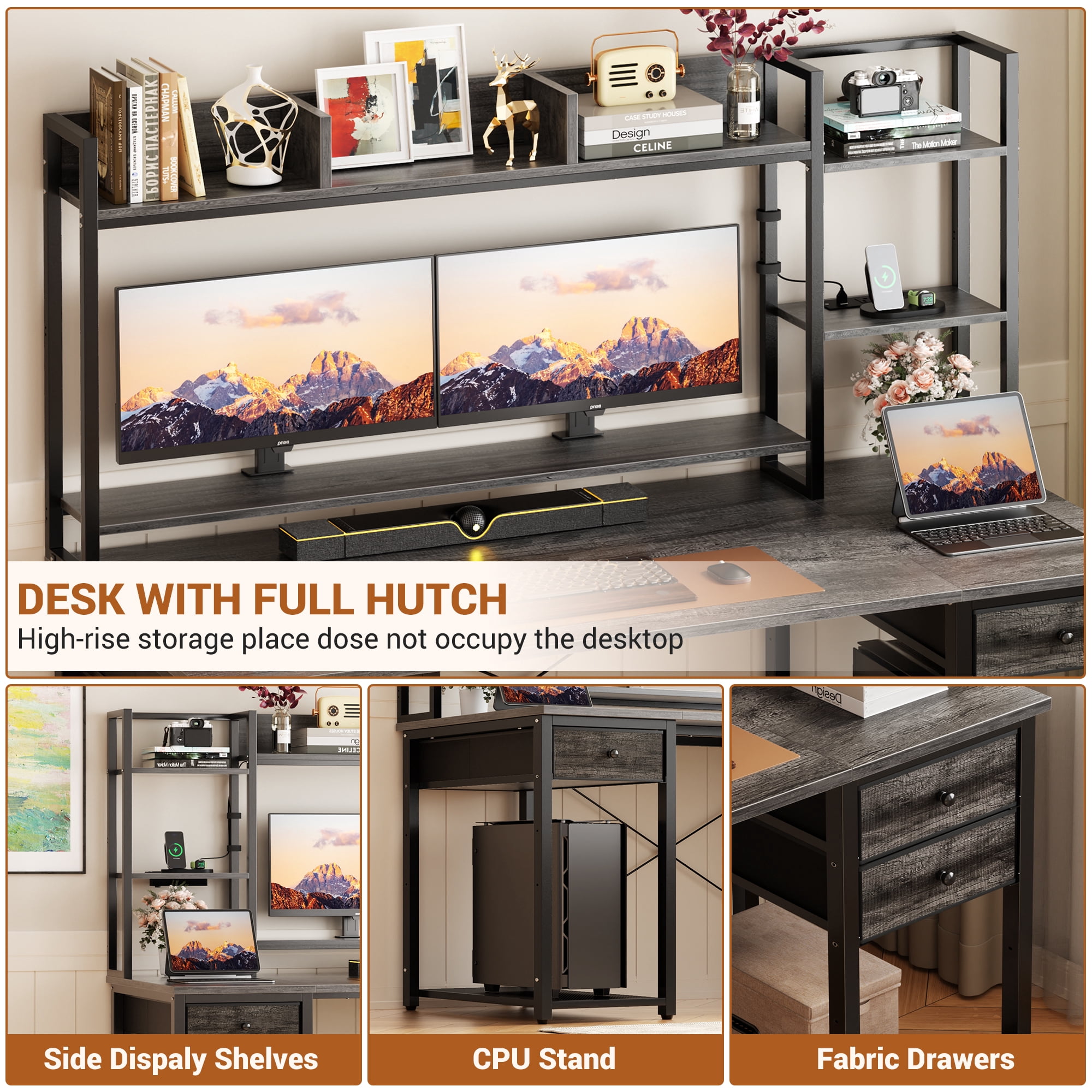 iSunirm Computer Desk with Storage & Hutch, 55.2'' Rectangle Gaming Desk with LED Light, Reversible Office Desk with Power Outlets, Comes with 3 Drawers, Large Workstation Desk for Home, Black Oak