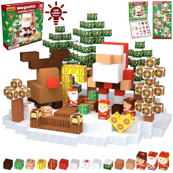 Colorfish 100PCS Building Block Cubes Puzzle,Montessori Sensory Christmas Toys for Kids Boys Girls Ages 3 4 5 6 7 8 9 10 Christmas Version