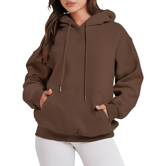 MIASHUI Women's Plus Size Pullover Hoodie with Drawstring & Pocket, Winter Long Sleeve Loose Fit Casual Sweatshirt, Solid Color Hooded Top Brown,XXXL
