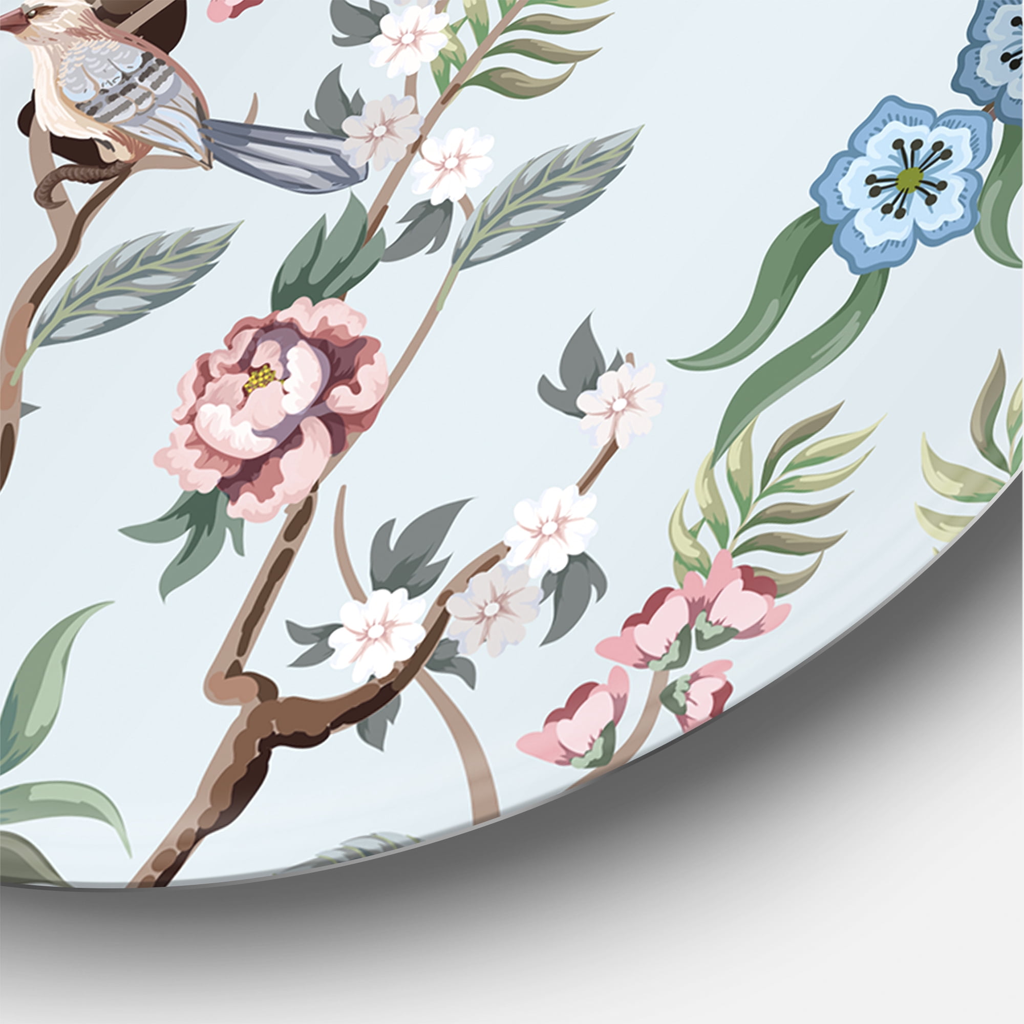 Designart 'Birds and Peonies With Chinoiserie X' Traditional Circle Metal Wall Art 23x23 - Disc of 23