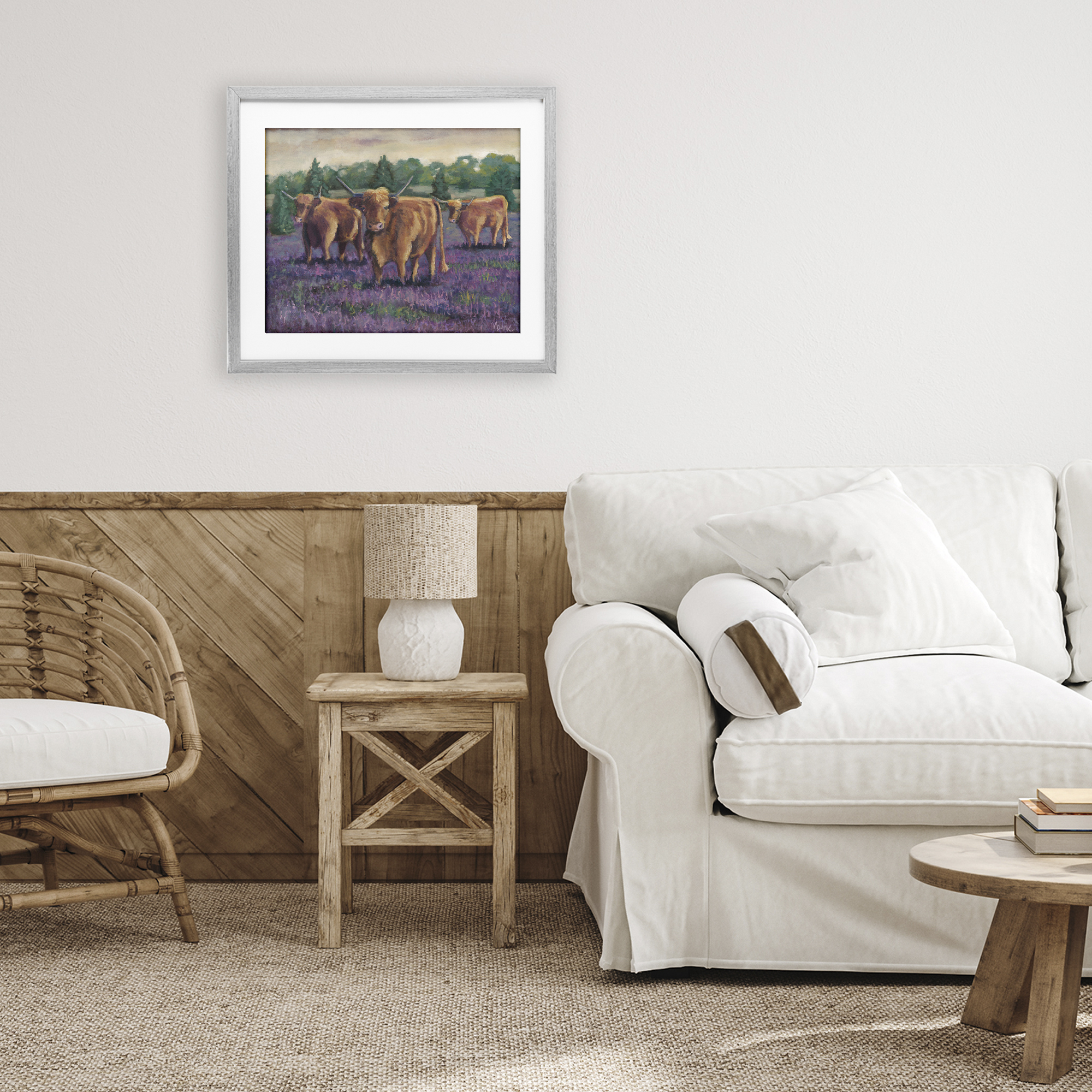 Purple Fields & Cows Gray Framed Print Under Glass, design by Marnie Bourque