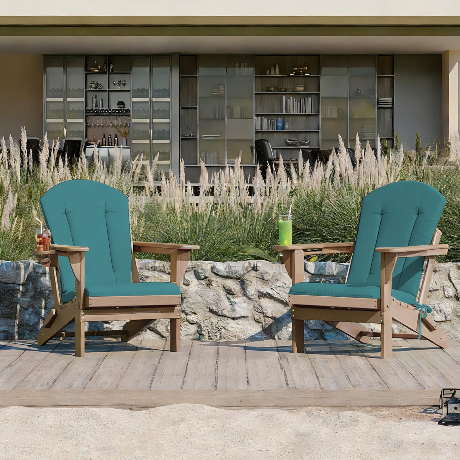 Adirondack Chair Cushion Thin Waterproof Anti-Slip with Straps, Weather-Resistant Indoor Outdoor Patio Seat Pad, Peacock blue,2PCS