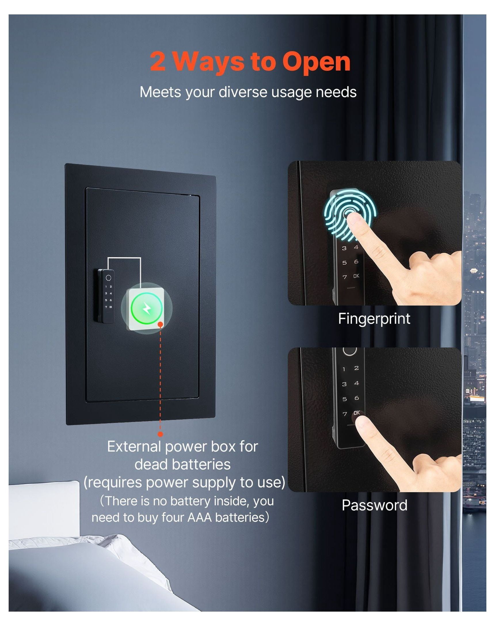 Wall Safe, Hidden In-Wall Safe with Fingerprint, Password & Key - 3-Tier Steel Security Box for Money, Jewelry, Passport - Adjustable Shelf & Key Holders