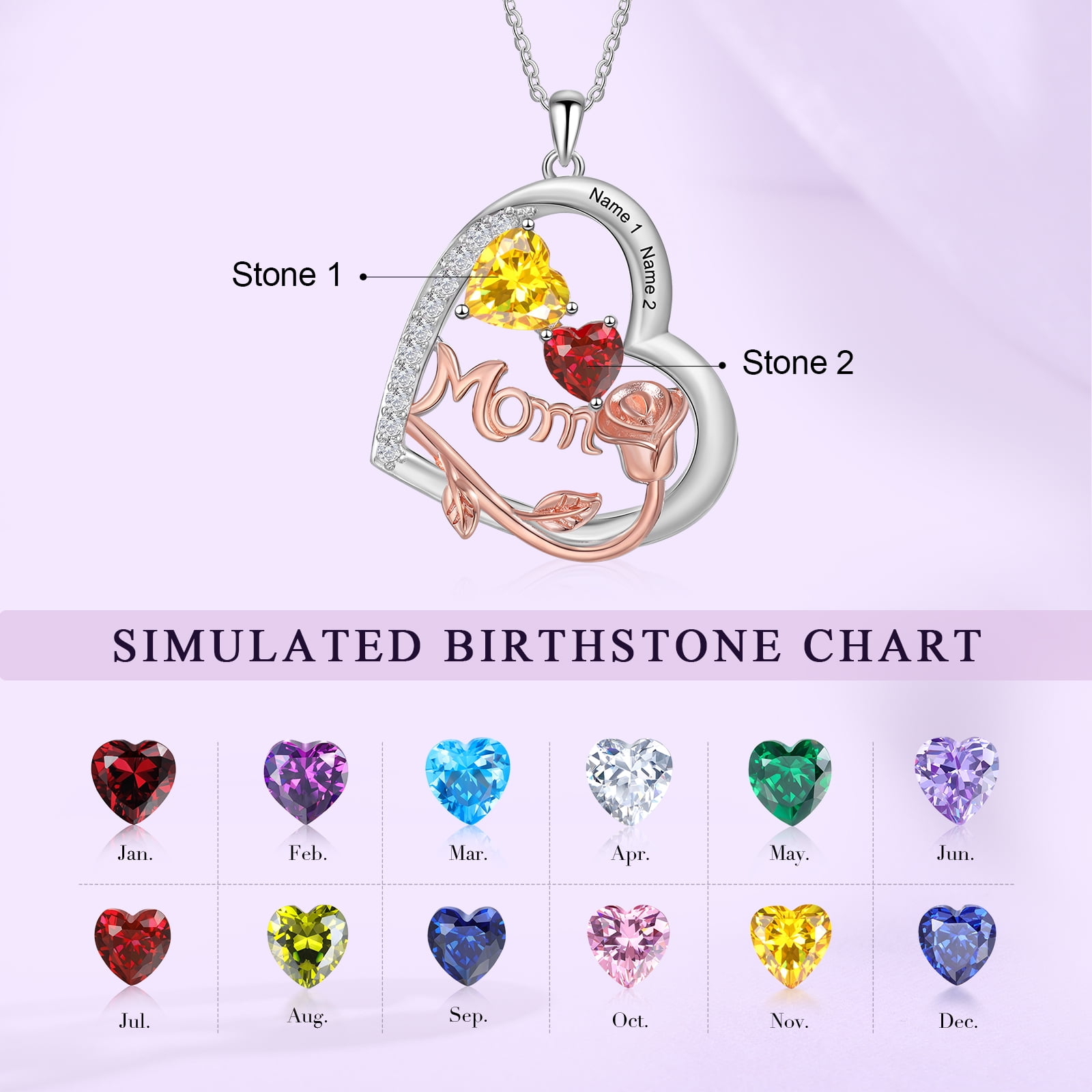 Mementos Customized Brass Heart Family Women's (Mother's) Necklace with 2 Birthstones and Names