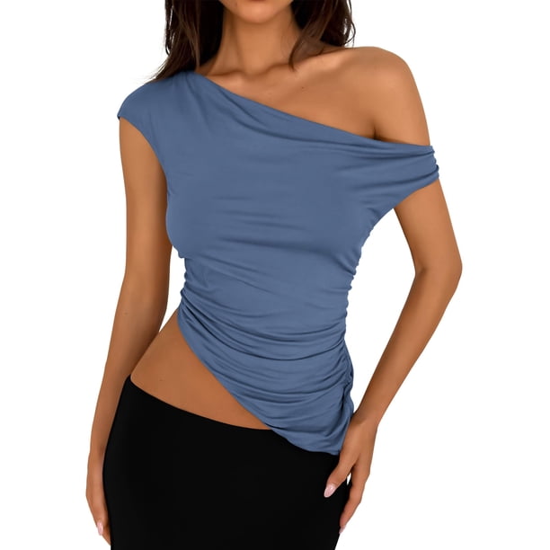 Remera PRETTYGARDEN 2025 Crop Top con Hombro Descubierto y Fruncido XL Gris Azul