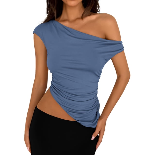 Remera PRETTYGARDEN 2025 Crop Top con Hombro Descubierto y Fruncido XL Gris Azul