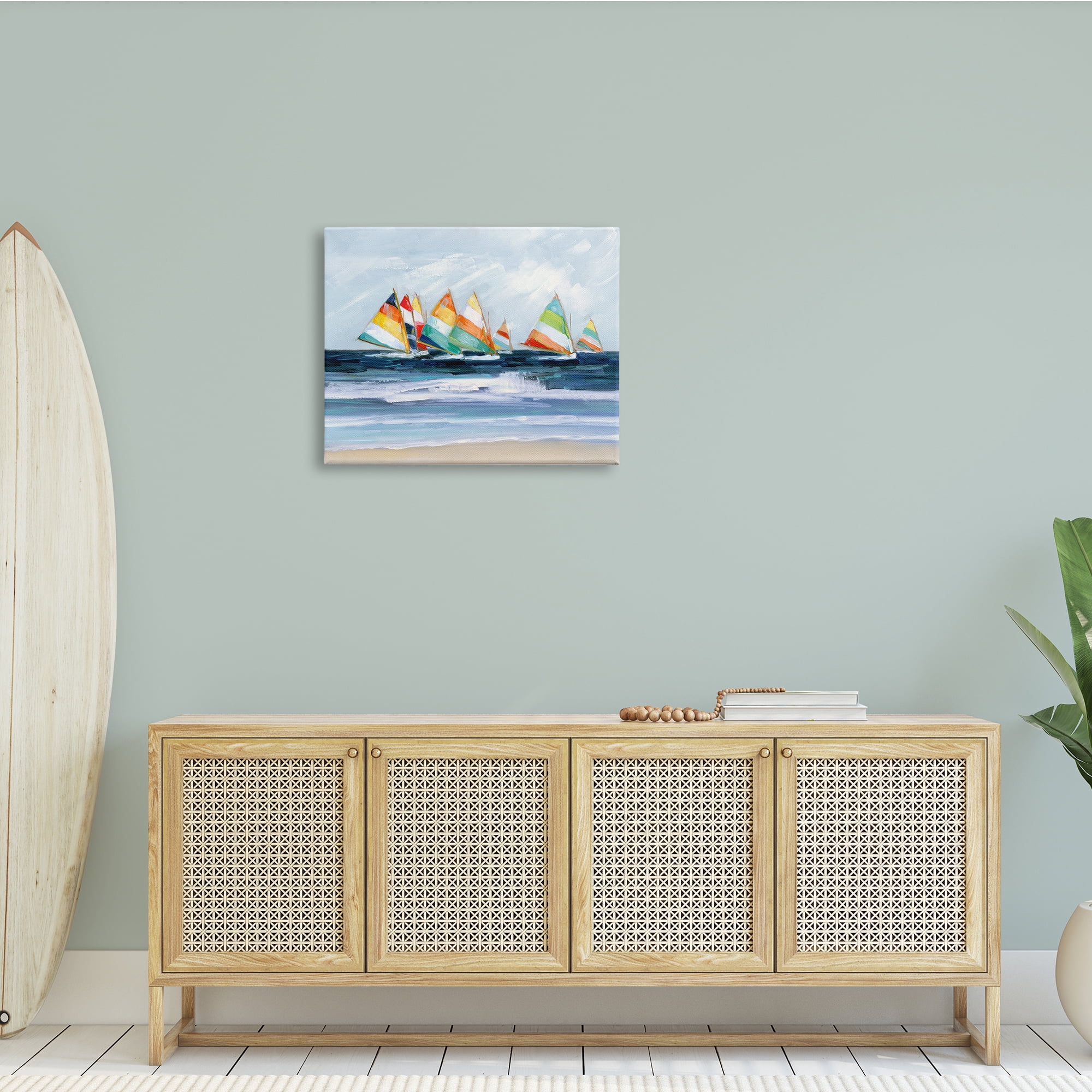 Stupell Industries Shoreline Sailboat Race Striped Sails Coastal Painting, 30 x 24, Design by Sally Swatland