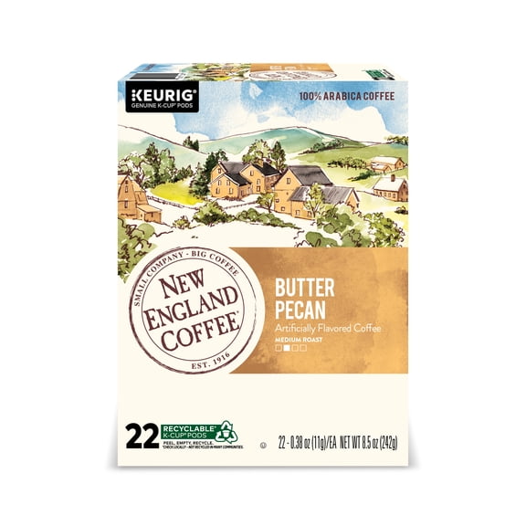 New England Coffee Butter Pecan, Medium Roast, Keurig K Cup Pods, 22 Count Box