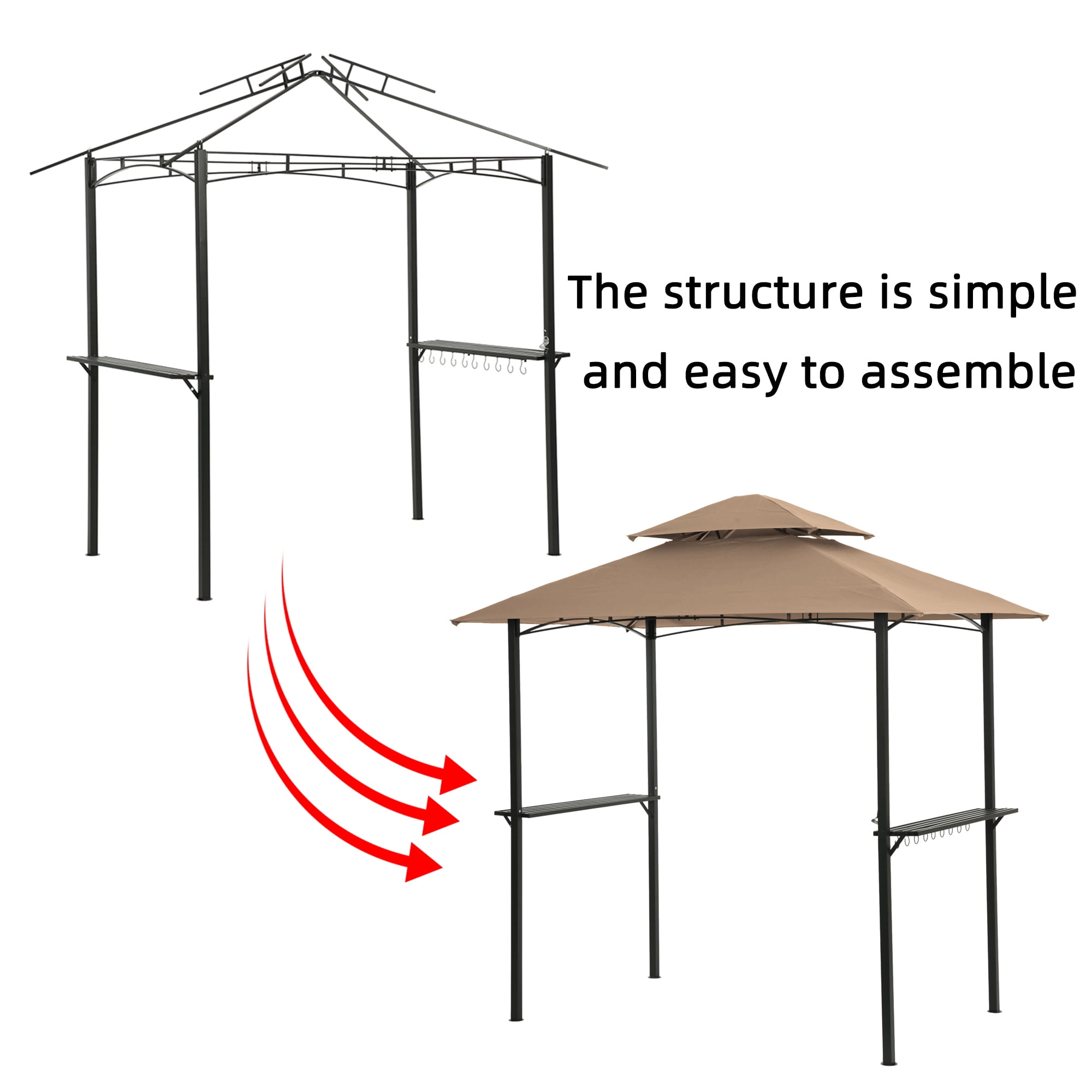 BaPiPro 8x5 FT Outdoor Grill Gazebo, BBQ Shelter Tent with Double-Layer Soft Top Canopy, Steel Frame with Hooks & Bar Counter, Khaki