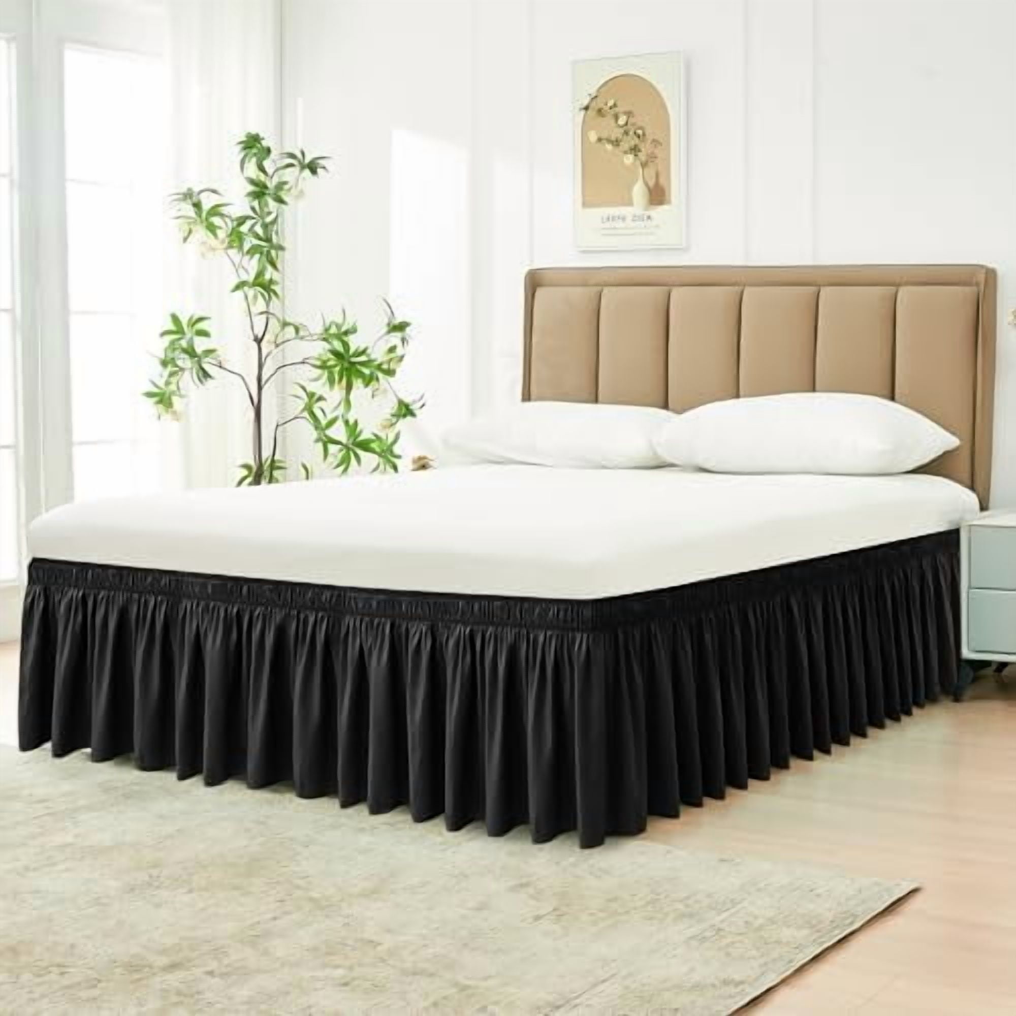 Wrap Around Bed Skirts for Queen Beds 17" Long Drop, Black Adjustable Elastic Dust Ruffles Easy Fit Wrinkle & Fade Resistant Silky Luxurious Fabric Solid Machine Washable