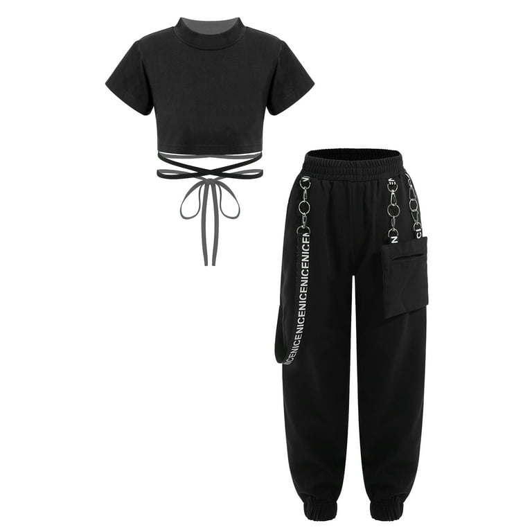 YIZYIF Girls 2Pcs Dance Suit Youth Short Sleeve Crop Top with Chain Pants  Jazz Hip Hop Dance Costume Black 15-16 