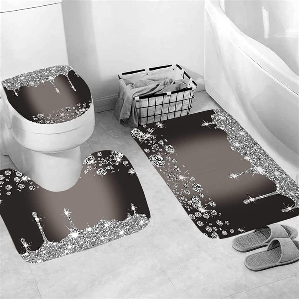 4PCS Bling Diamond Shower Curtain Set with Non-Slip Rugs Toilet Lid Cover and Bath Mat Shower Curtain with 12 Hooks Bathroom Sets with Shower Curtain and Rugs and Accessories