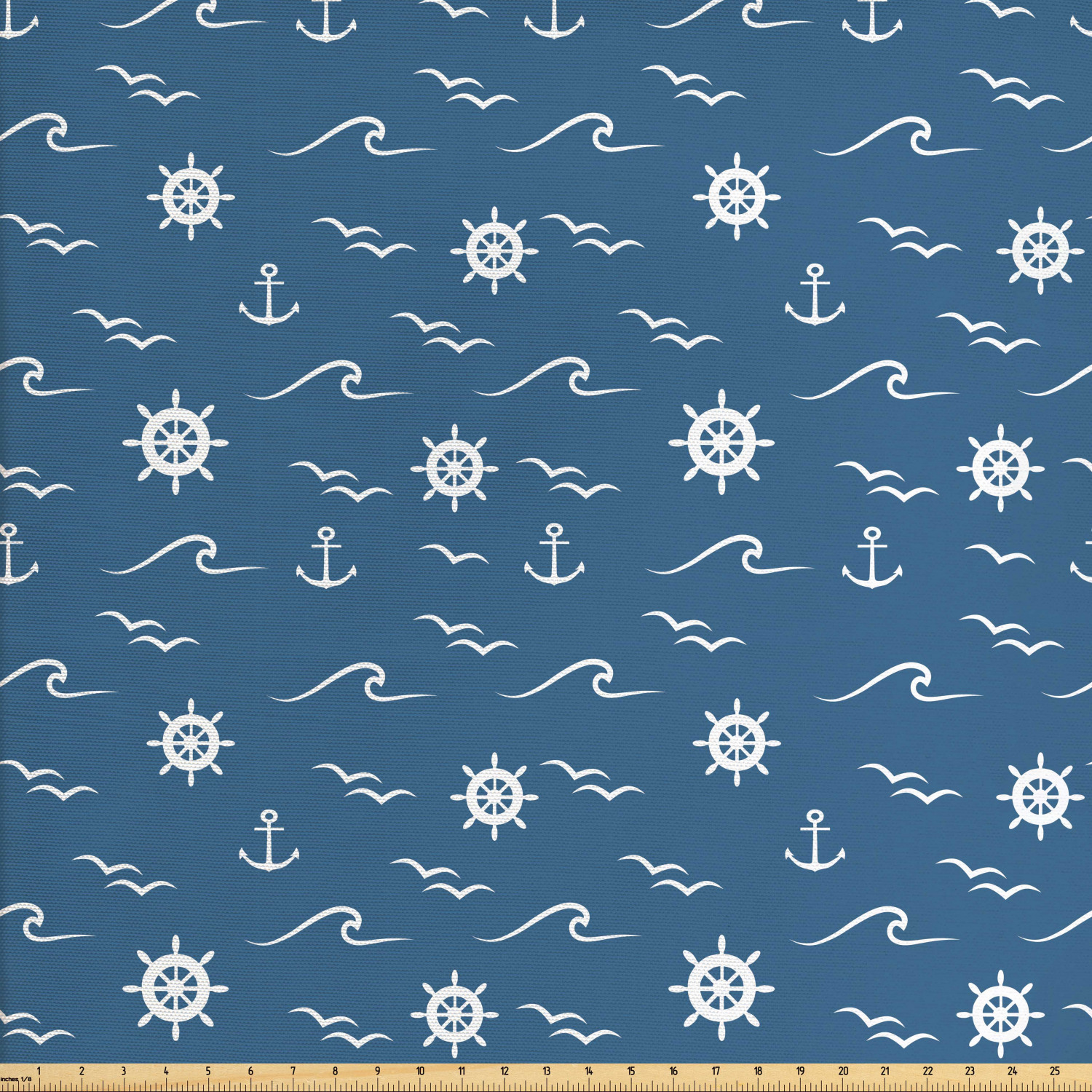 Nautical Blue Fabric by The Yard, Monochromatic Art of Marine Wheel